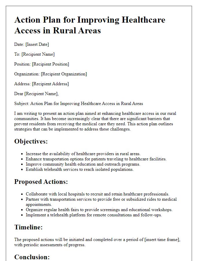 Letter template of action plan for improving healthcare access in rural areas