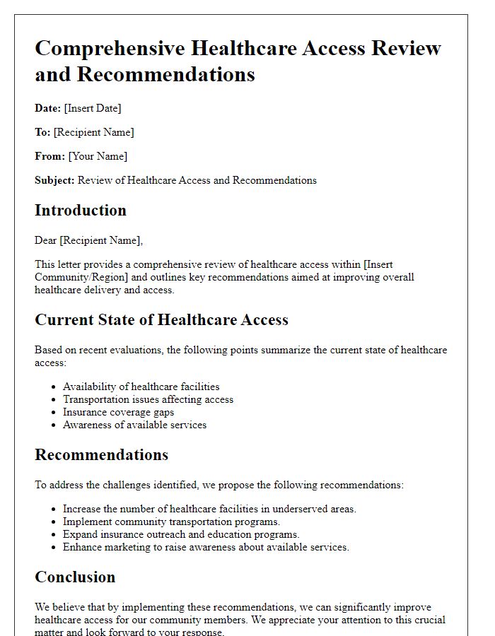 Letter template of comprehensive healthcare access review and recommendations