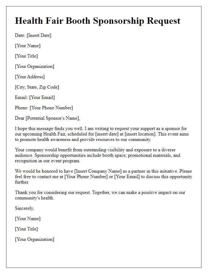 Letter template of health fair booth sponsorship request.