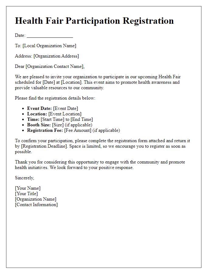 Letter template of health fair participation registration for local organizations.