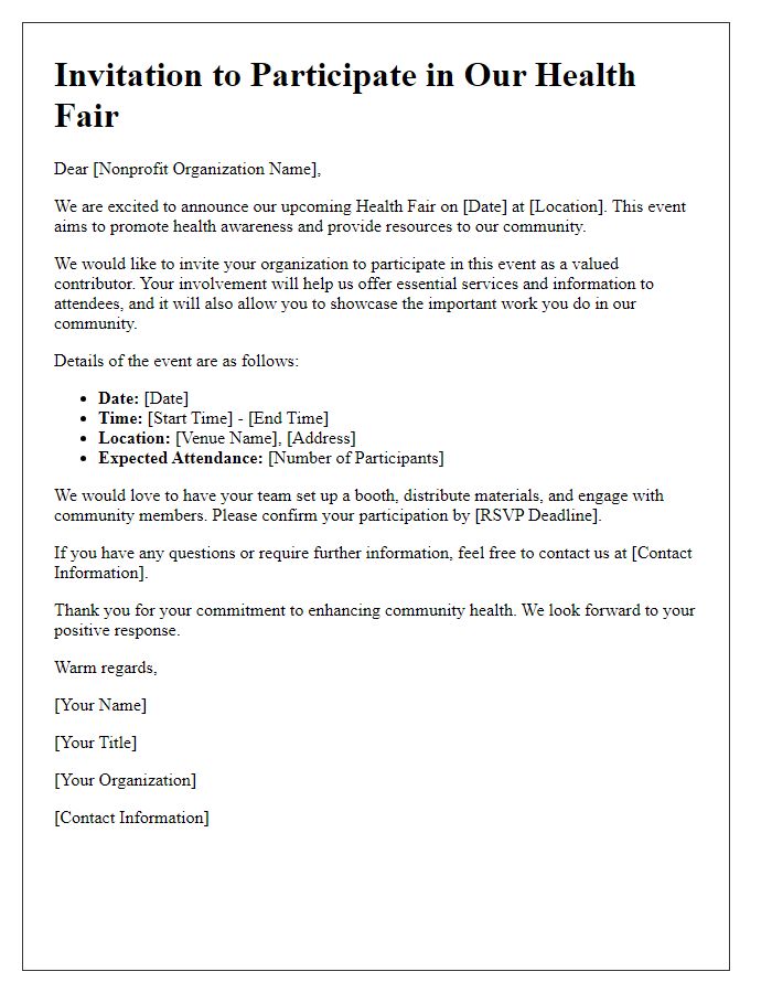 Letter template of invitation to participate in health fair for nonprofits.