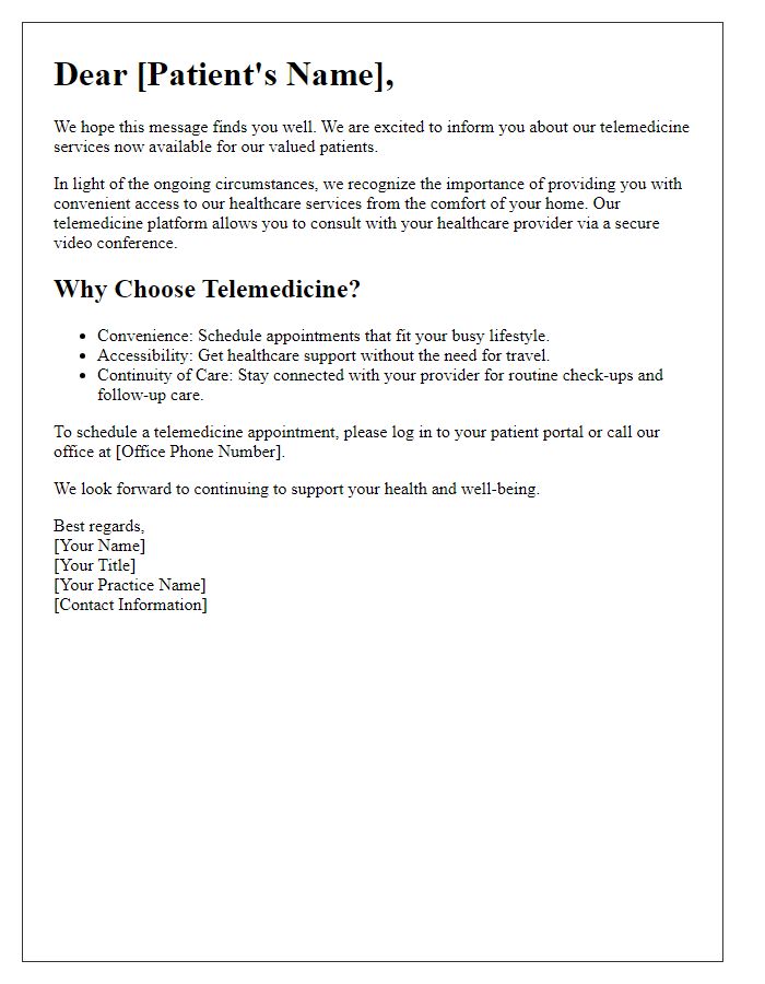 Letter template of telemedicine service for existing patients