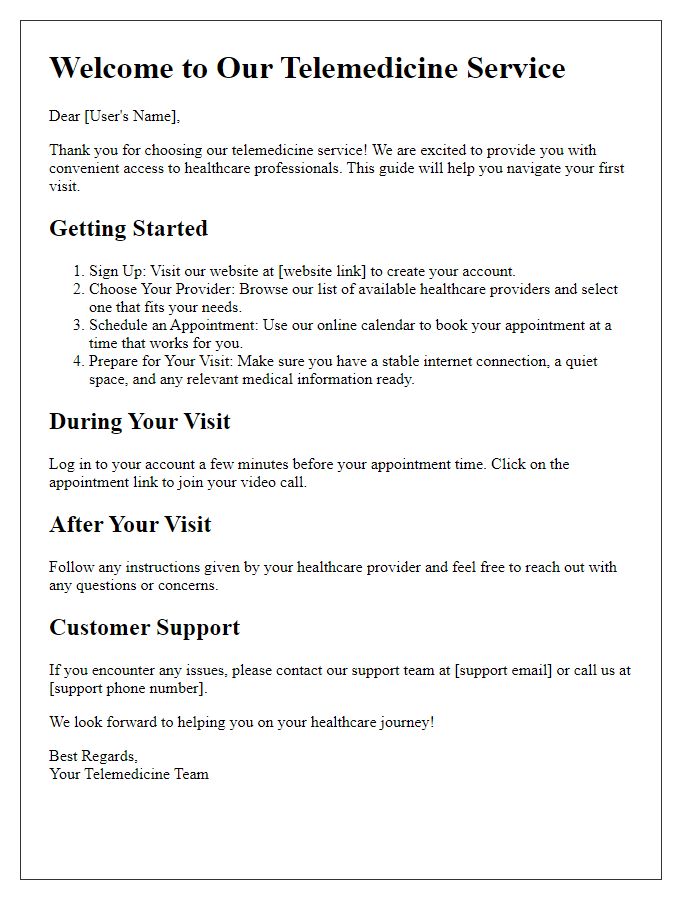 Letter template of telemedicine service guide for first-time users