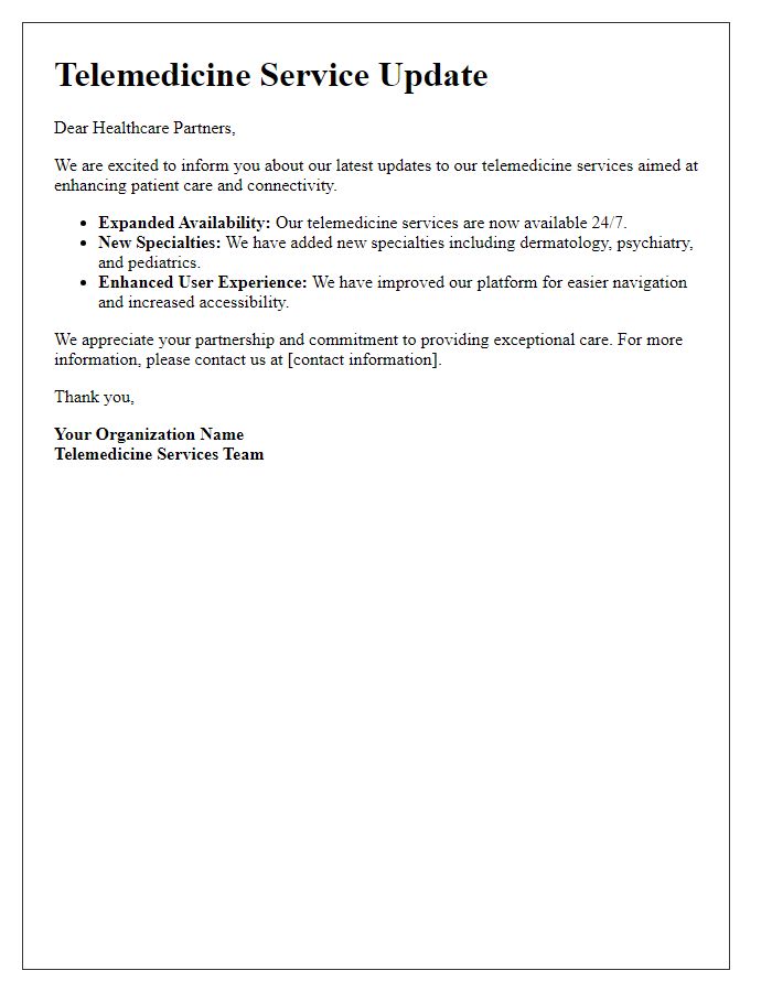 Letter template of telemedicine service update for healthcare partners