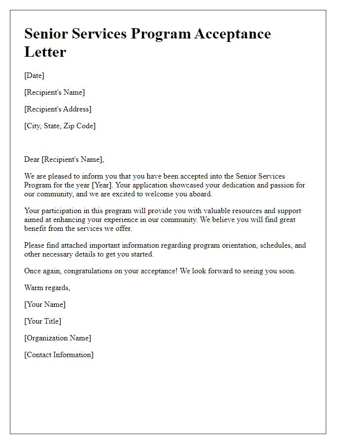 Letter template of Acceptance into Senior Services Program