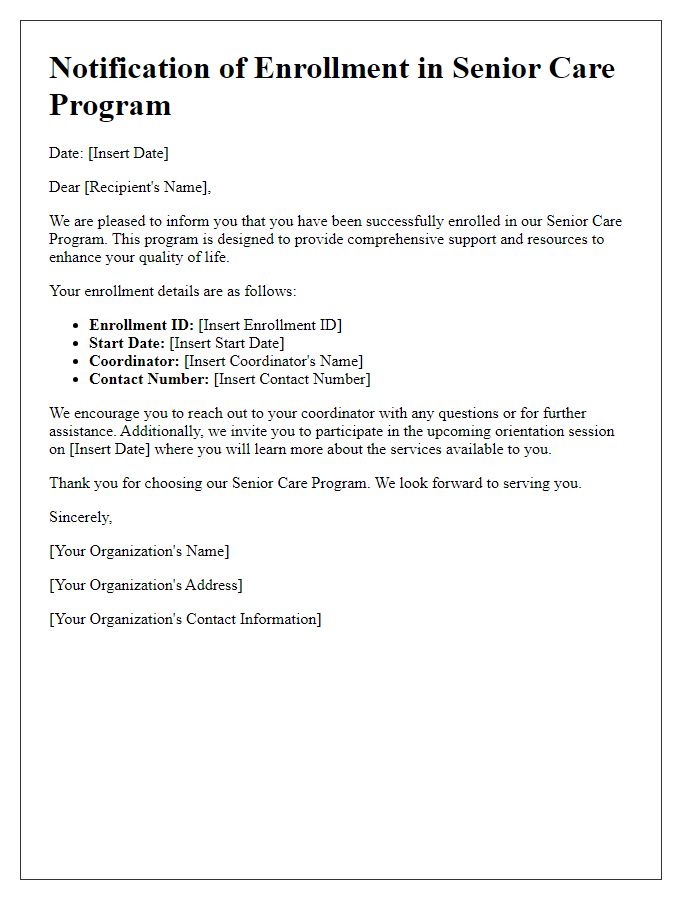 Letter template of Notification of Senior Care Program Enrollment