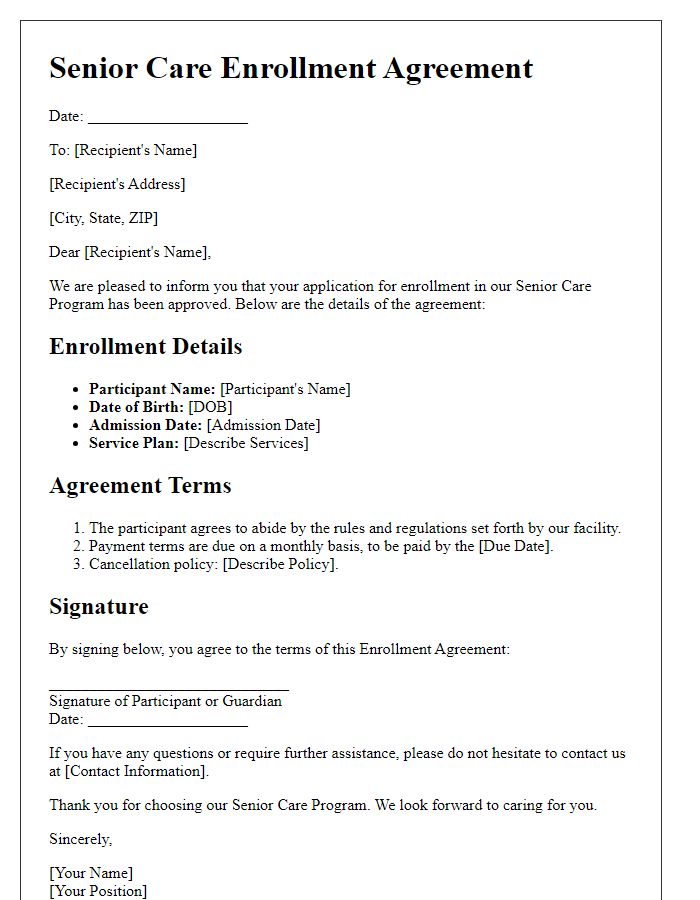 Letter template of Senior Care Enrollment Agreement