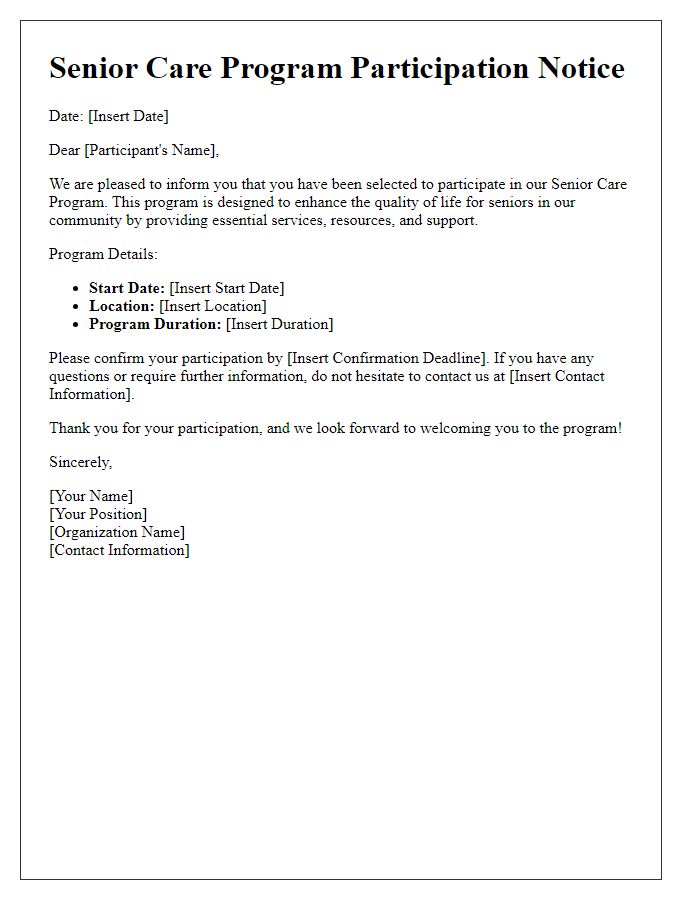 Letter template of Senior Care Program Participation Notice