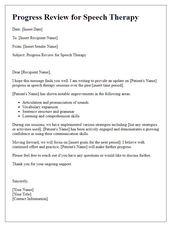 Letter template of progress review for speech therapy