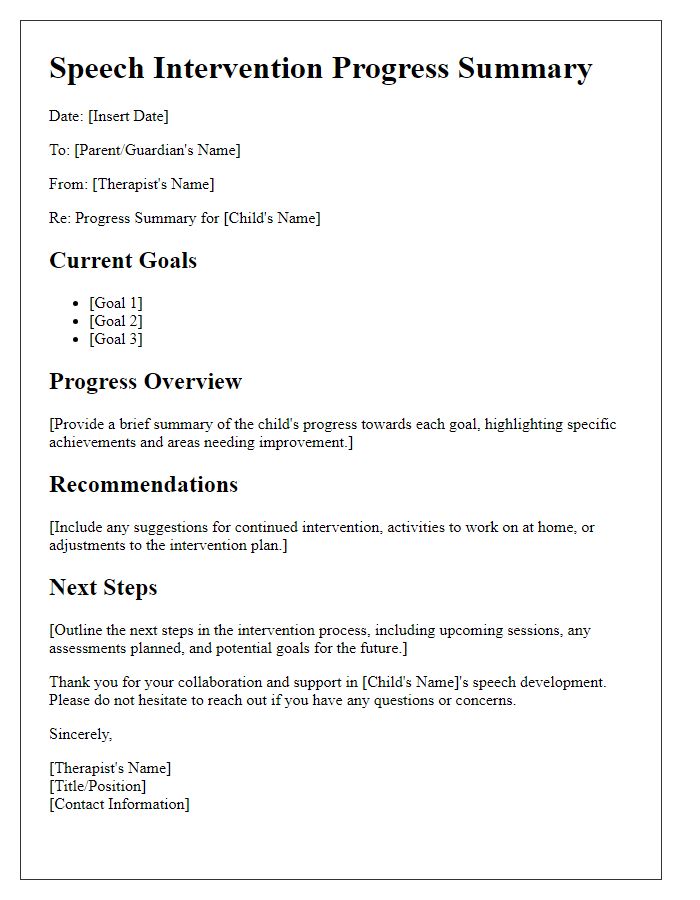 Letter template of speech intervention progress summary