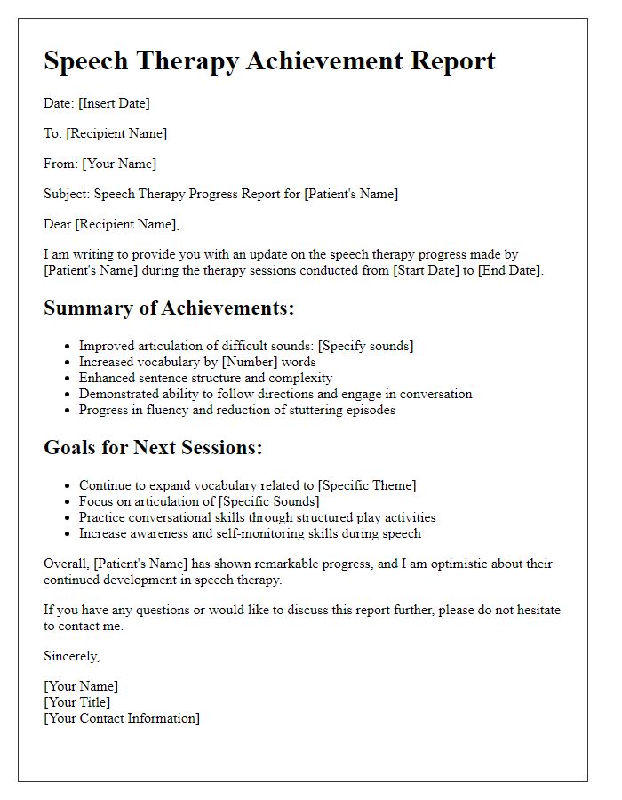 Letter template of speech therapy achievement report