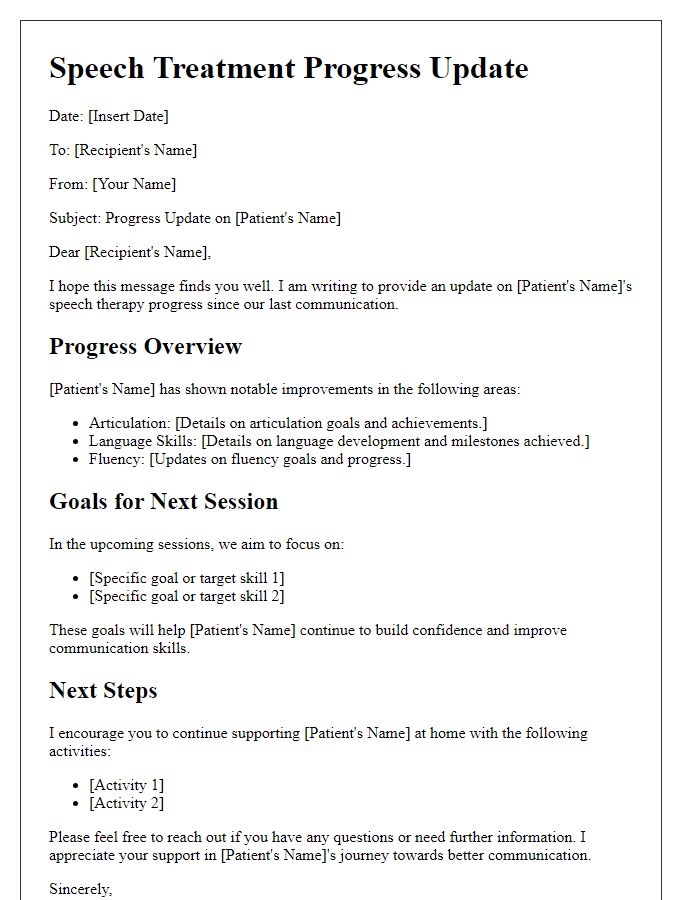 Letter template of speech treatment progress communication