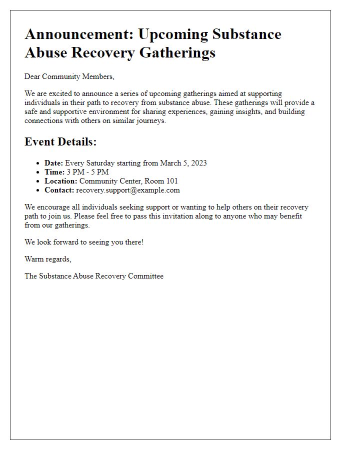 Letter template of announcement for upcoming substance abuse recovery gatherings