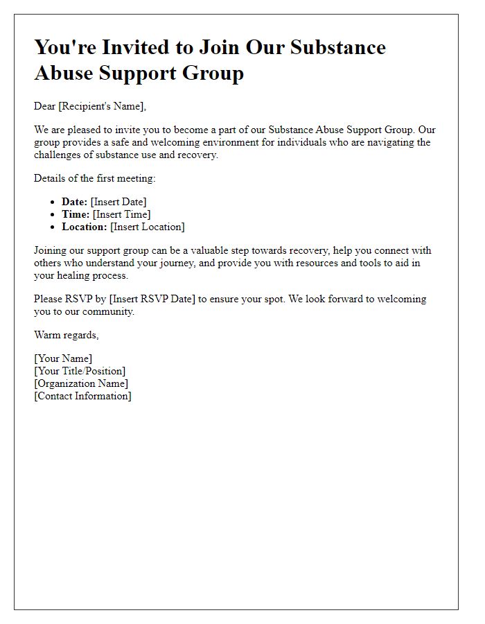 Letter template of invitation to join our substance abuse support group