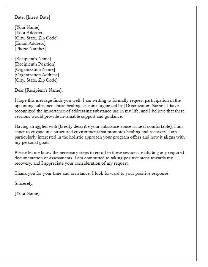 Letter template of request to participate in substance abuse healing sessions