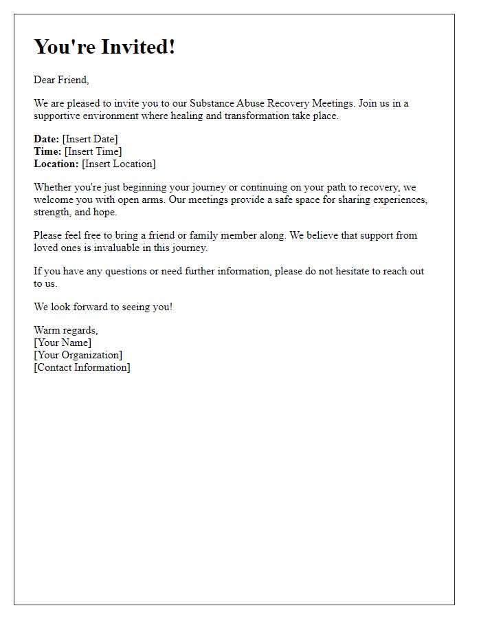 Letter template of welcome invitation for substance abuse recovery meetings