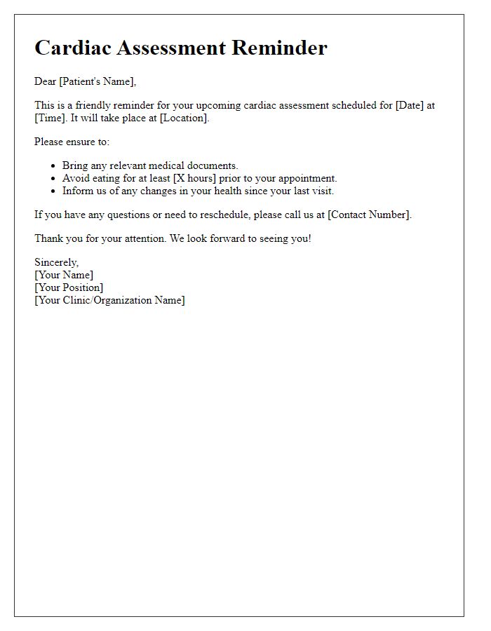 Letter template of cardiac assessment reminder