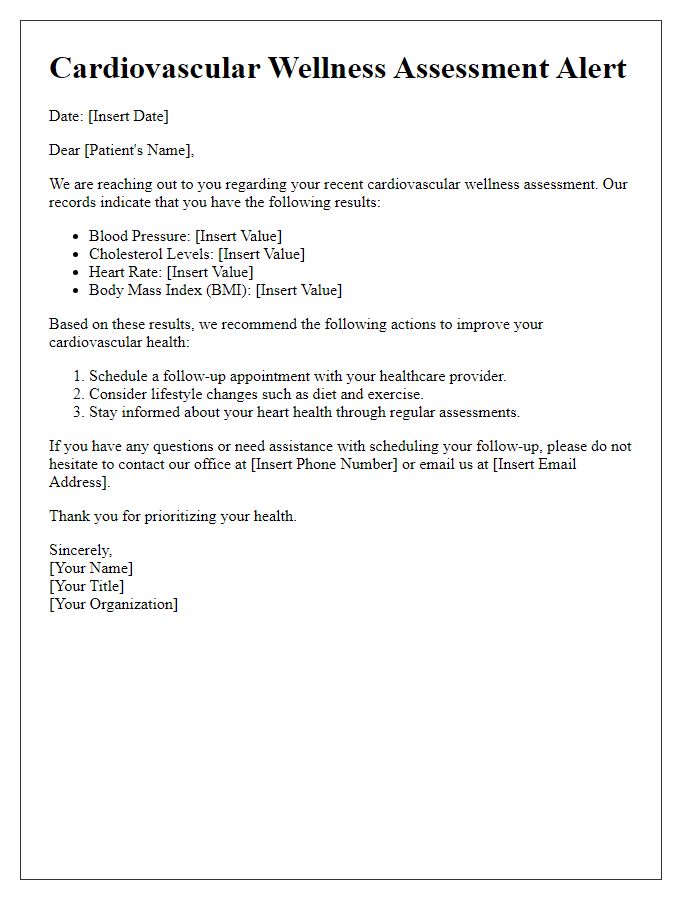 Letter template of cardiovascular wellness assessment alert