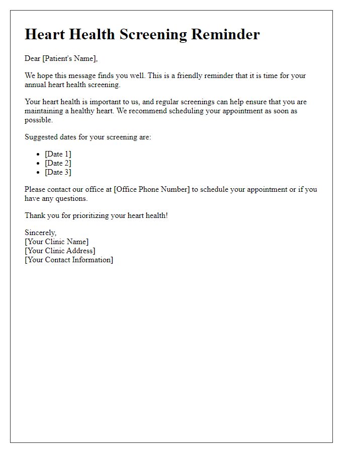 Letter template of heart health screening reminder