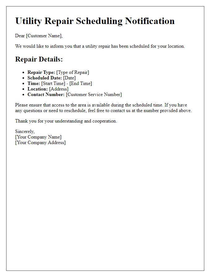 Letter template of utility repair scheduling details