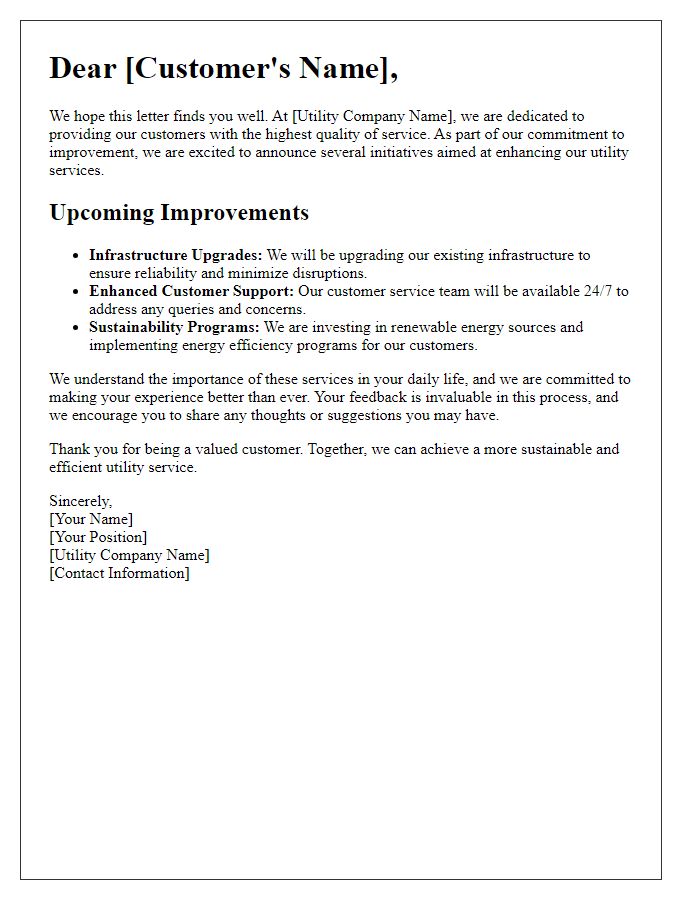 Letter template of utility service improvement initiatives