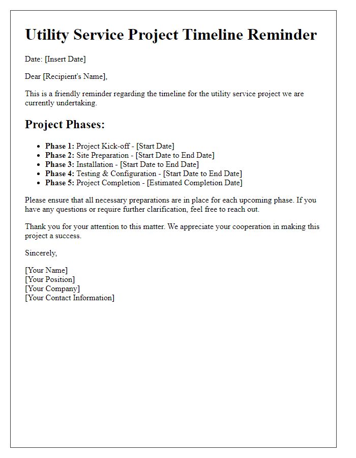 Letter template of utility service project timeline reminder