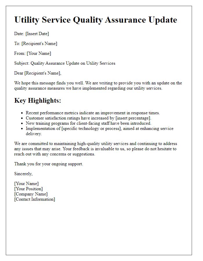 Letter template of utility service quality assurance update