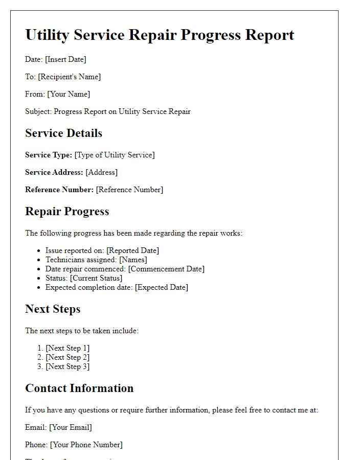 Letter template of utility service repair progress report