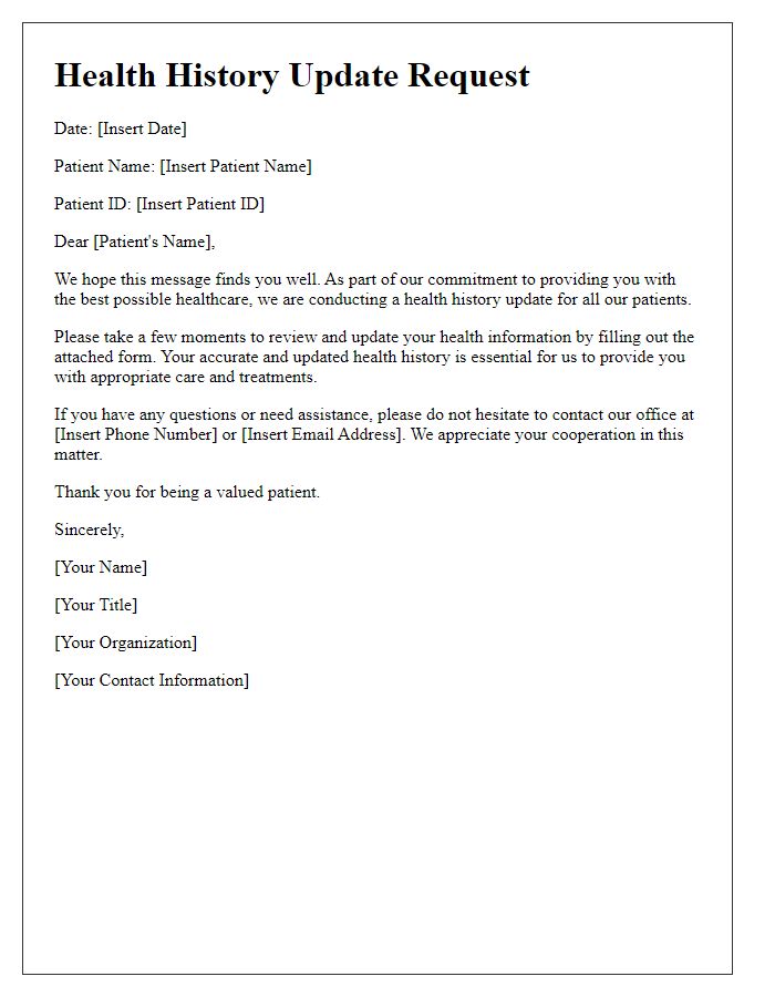 Letter template of Health History Update Request for Patient Information