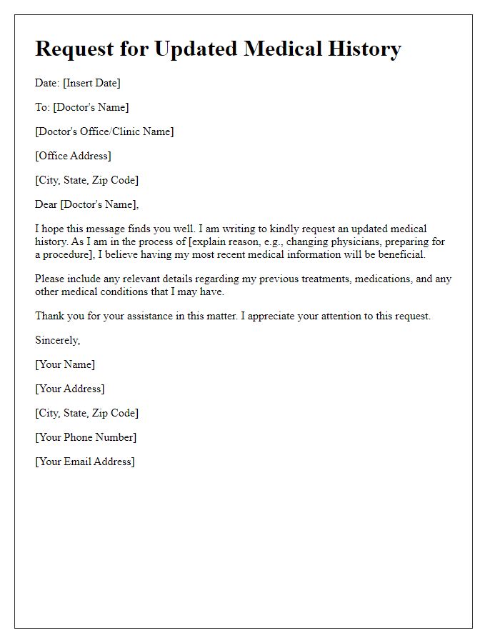 Letter template of Request for Updated Medical History from Patient