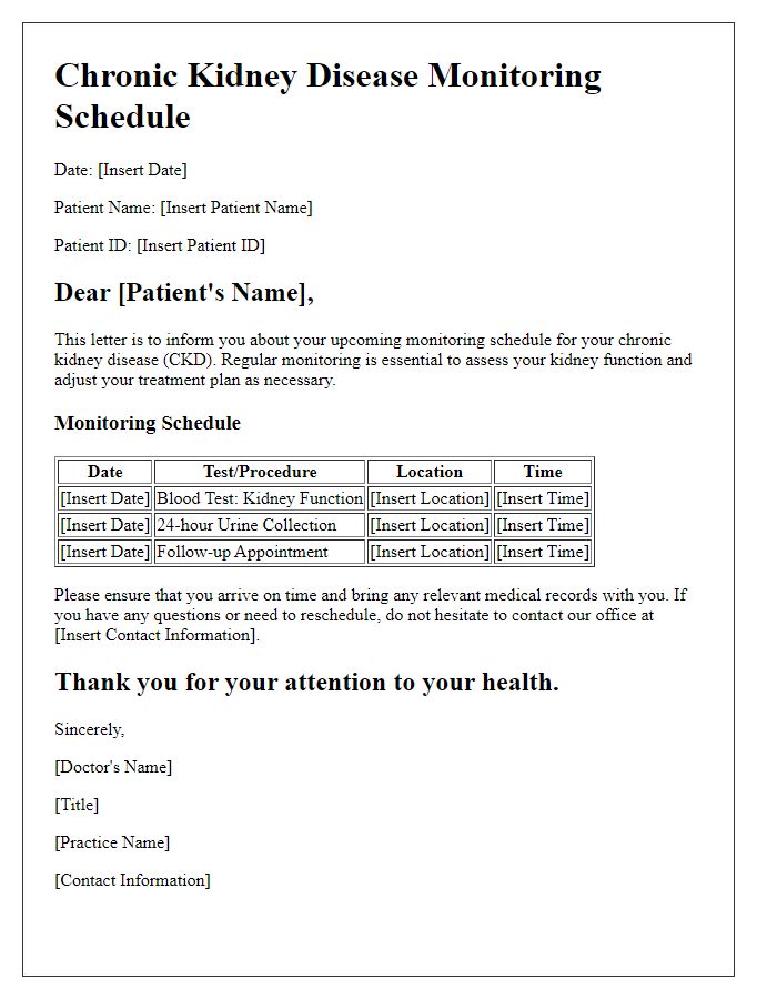 Letter template of chronic kidney disease monitoring schedule