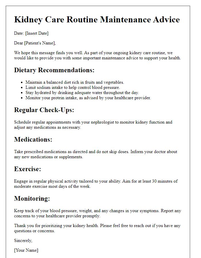 Letter template of kidney care routine maintenance advice