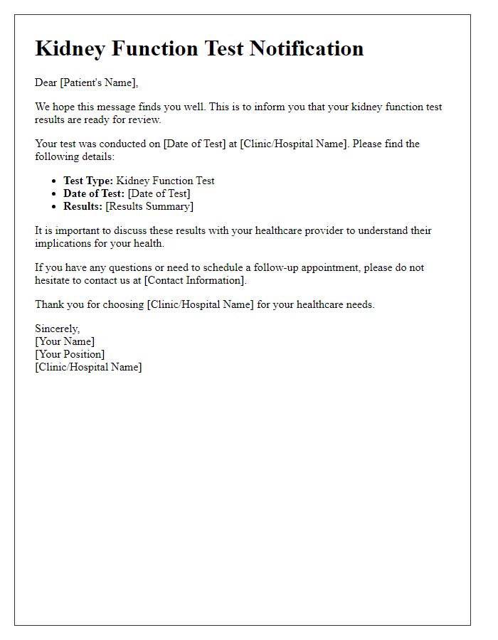 Letter template of kidney function test notification