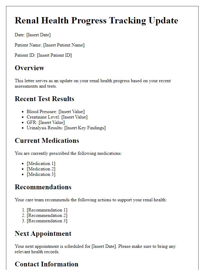 Letter template of renal health progress tracking update