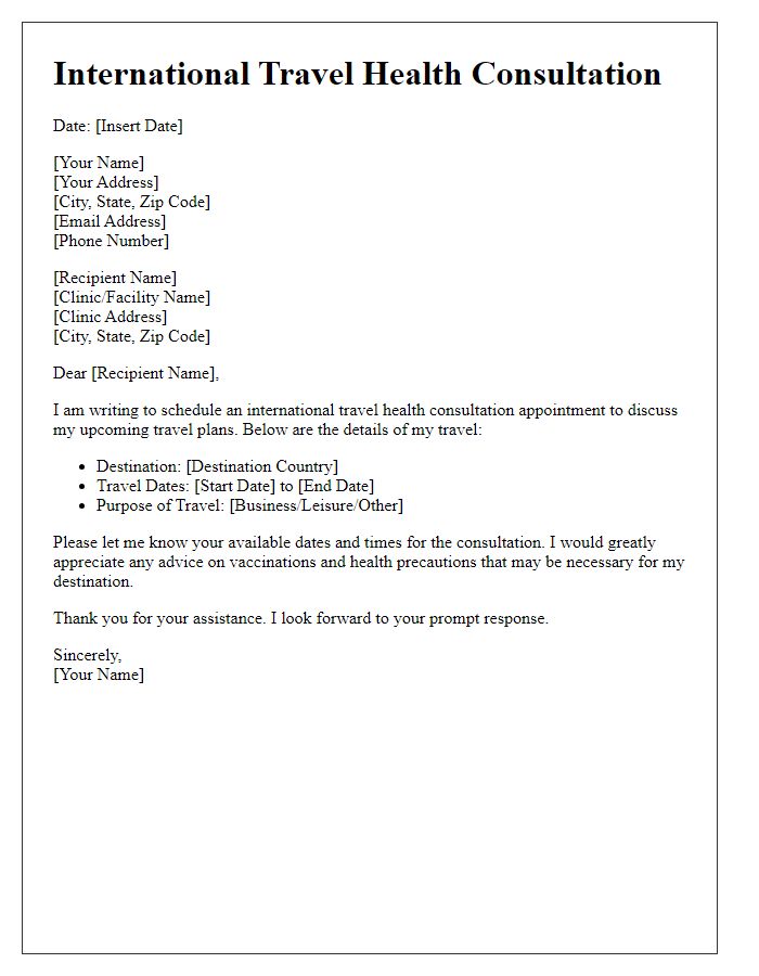 Letter template of international travel health consultation reservation