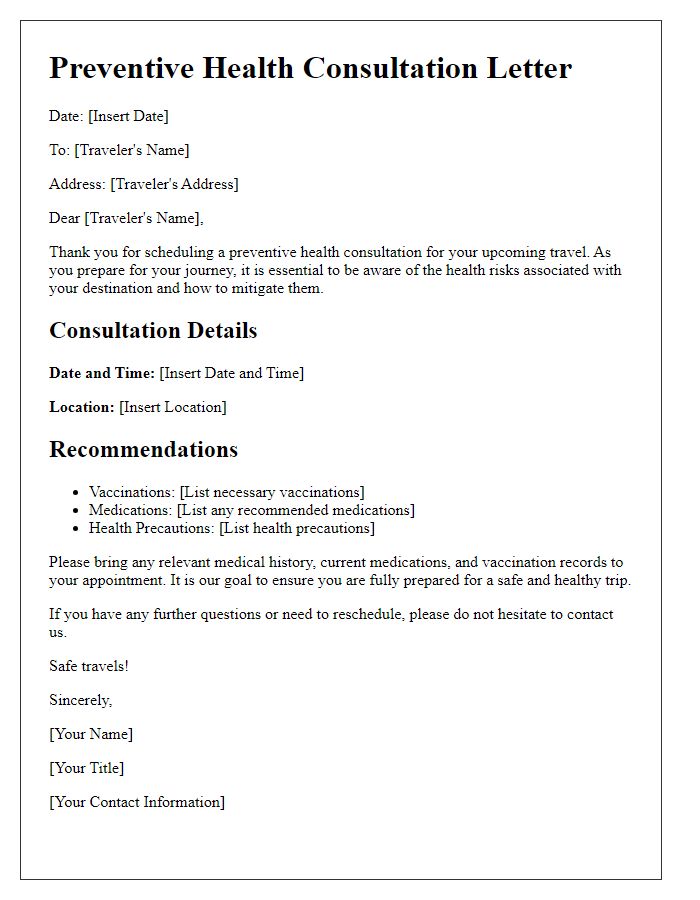 Letter template of preventive health consultation for travelers