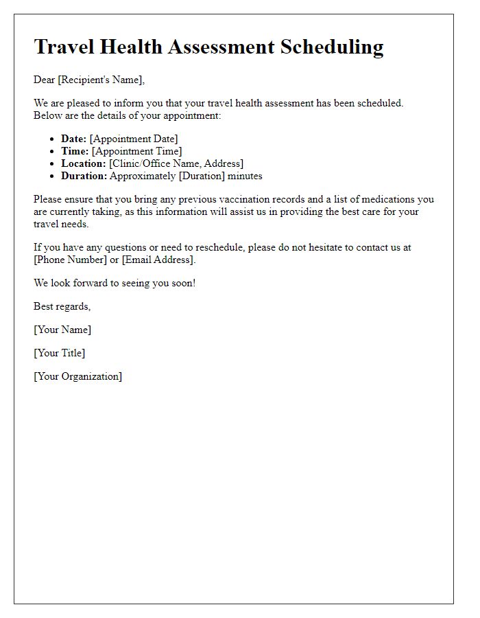 Letter template of travel health assessment scheduling