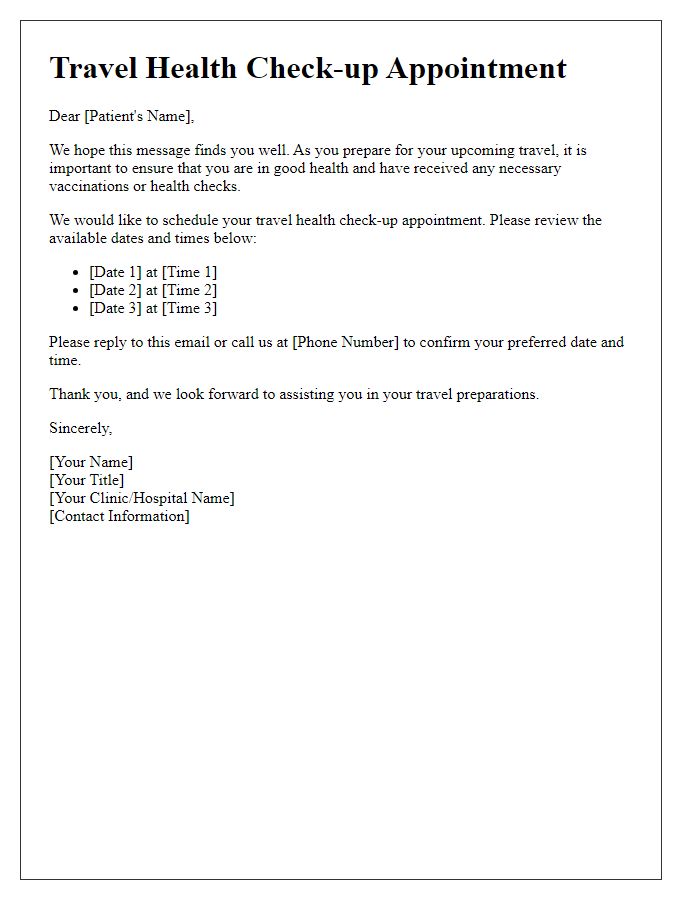 Letter template of travel health check-up scheduling