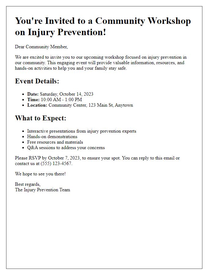 Letter template of community workshop invitation for injury prevention