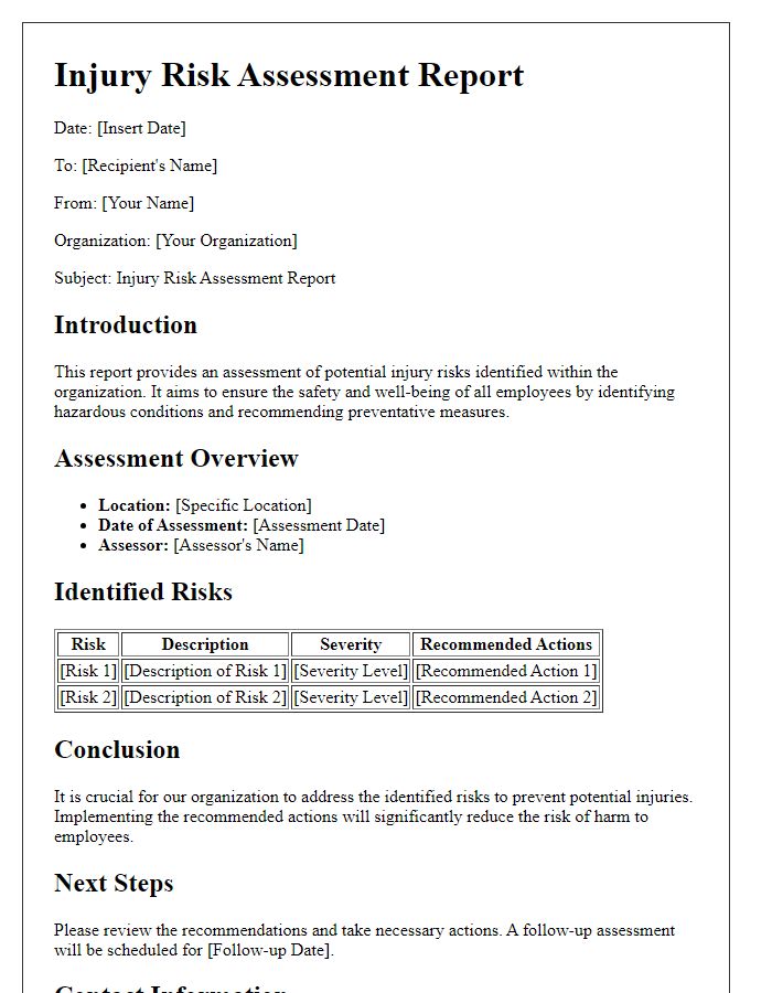 Letter template of injury risk assessment report for organizations