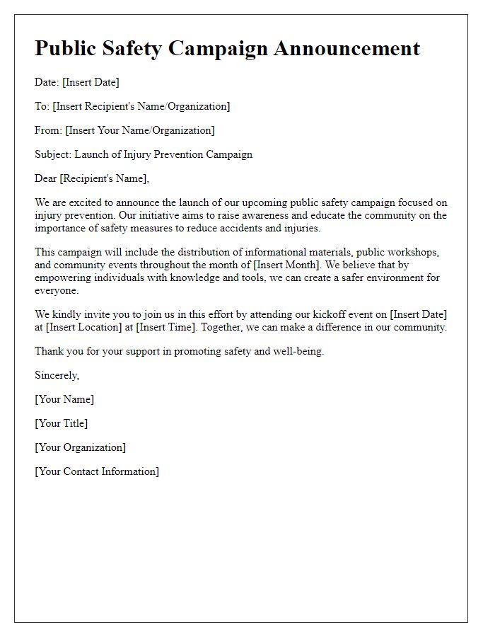 Letter template of public safety campaign announcement on injury prevention