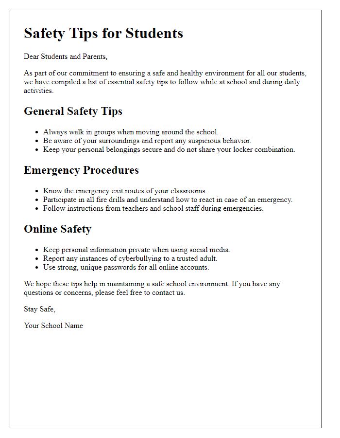 Letter template of safety tips brochure for schools