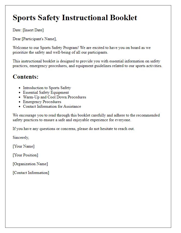 Letter template of sports safety instructional booklet