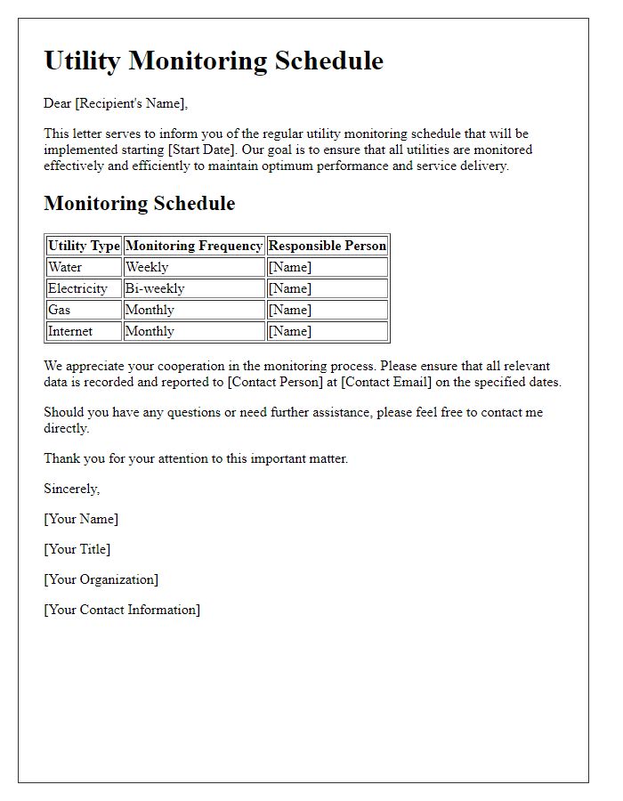 Letter template of regular utility monitoring schedule