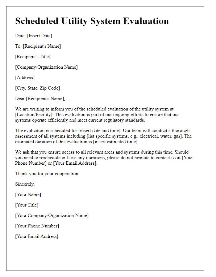 Letter template of scheduled utility system evaluation