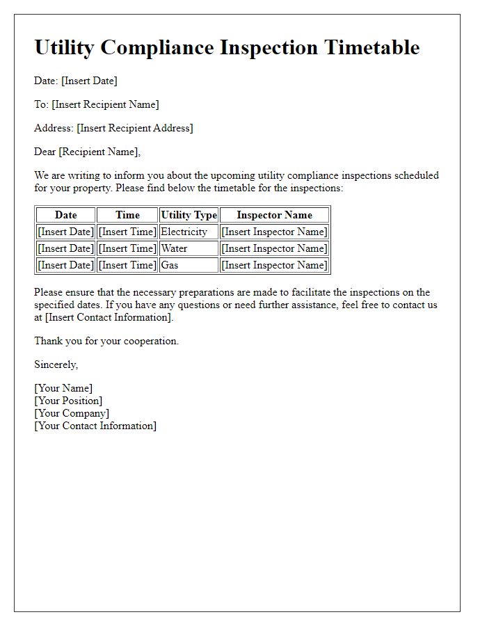 Letter template of utility compliance inspection timetable