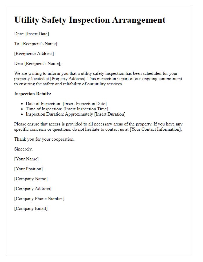 Letter template of utility safety inspection arrangement