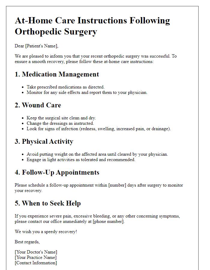 Letter template of at-home care instructions following orthopedic surgery