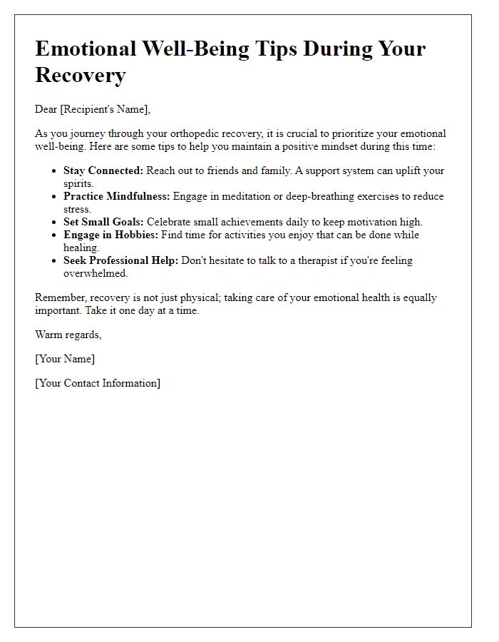 Letter template of emotional well-being tips during orthopedic recovery