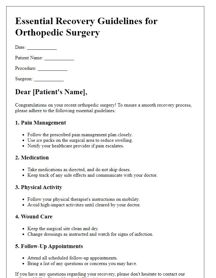 Letter template of essential recovery guidelines for orthopedic surgery